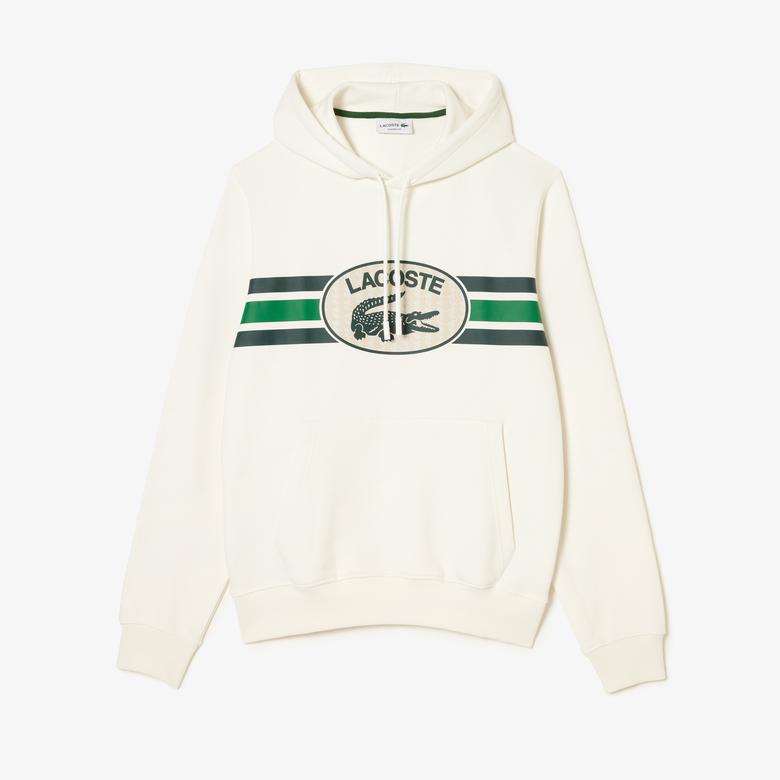 Lacoste Erkek Classic Fit Kapüşonlu Baskılı Beyaz Sweatshirt