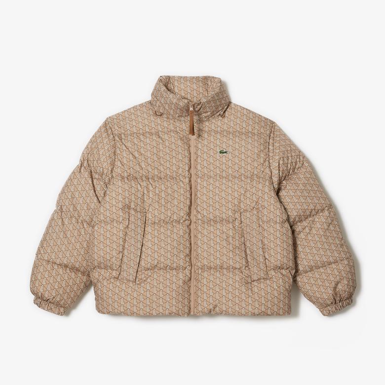 Lacoste Erkek Kapüşonlu Desenli Bej Mont