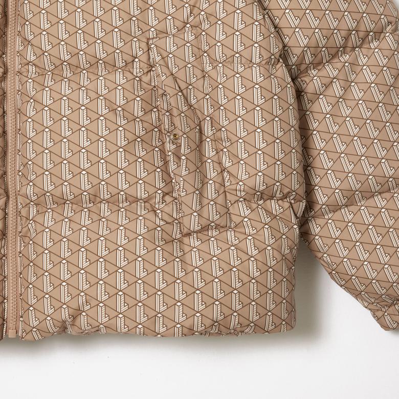 Lacoste Erkek Kapüşonlu Desenli Bej Mont