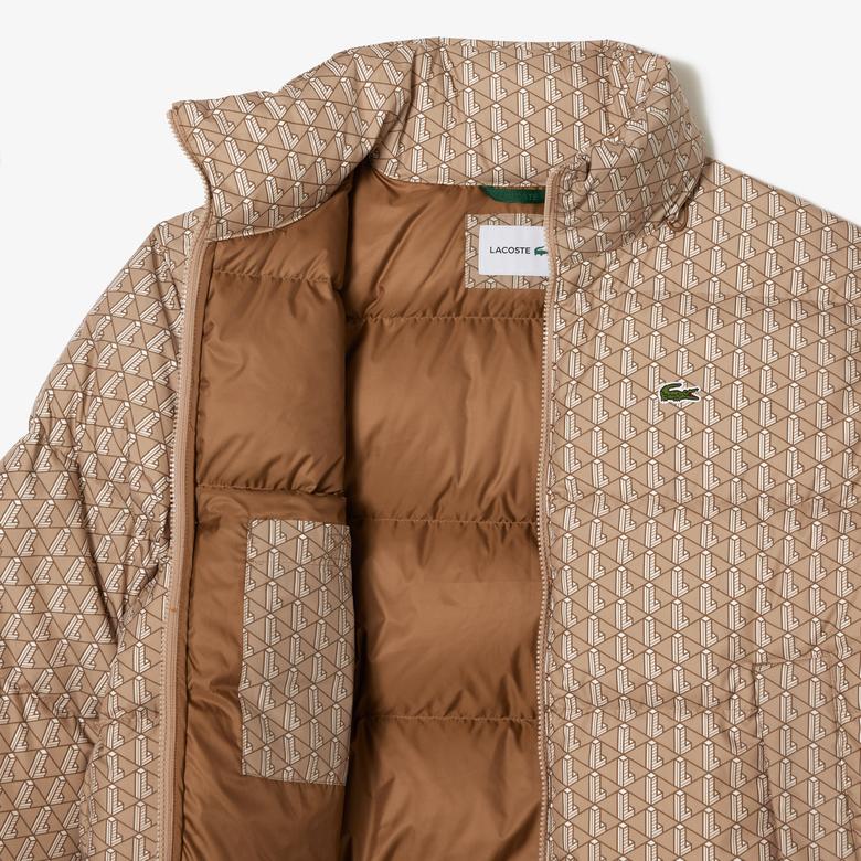 Lacoste Erkek Kapüşonlu Desenli Bej Mont