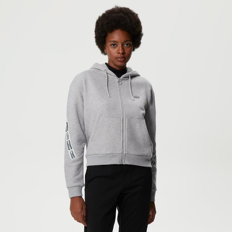 Lacoste Kadın Crop Fit Kapüşonlu Baskılı Gri Sweatshirt