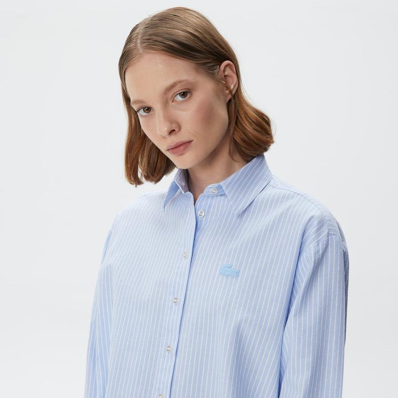Lacoste Kadın Oversized Uzun Kollu Çizgili Mavi Gömlek