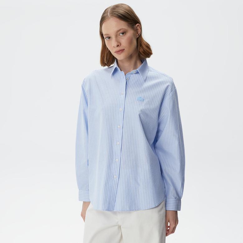Lacoste Kadın Oversized Uzun Kollu Çizgili Mavi Gömlek