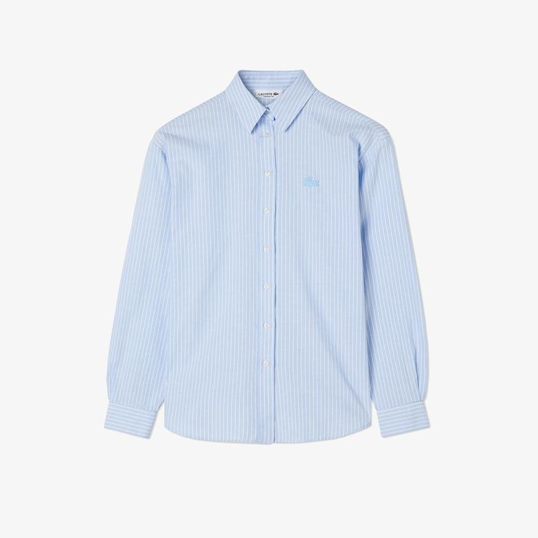 Lacoste Kadın Oversized Uzun Kollu Çizgili Mavi Gömlek