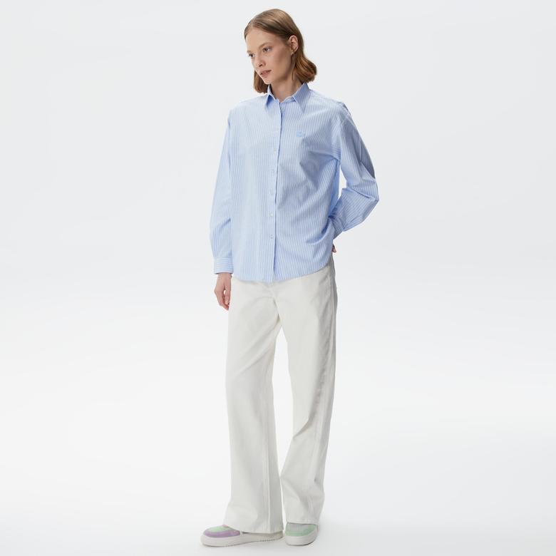 Lacoste Kadın Oversized Uzun Kollu Çizgili Mavi Gömlek