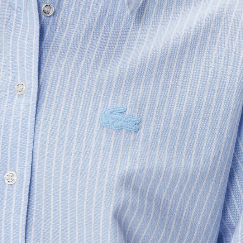 Lacoste Kadın Oversized Uzun Kollu Çizgili Mavi Gömlek