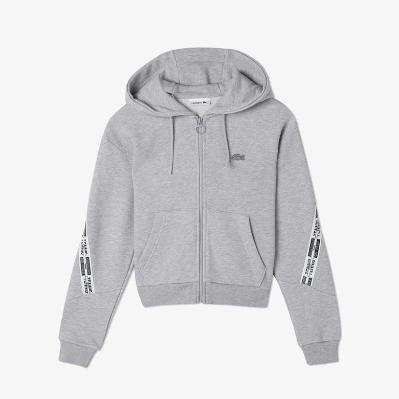 Lacoste Kadın Crop Fit Kapüşonlu Baskılı Gri Sweatshirt