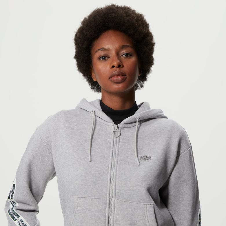 Lacoste Kadın Crop Fit Kapüşonlu Baskılı Gri Sweatshirt