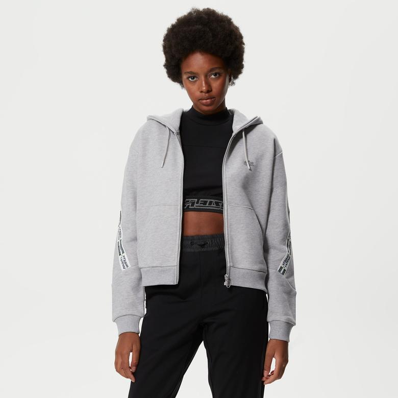 Lacoste Kadın Crop Fit Kapüşonlu Baskılı Gri Sweatshirt