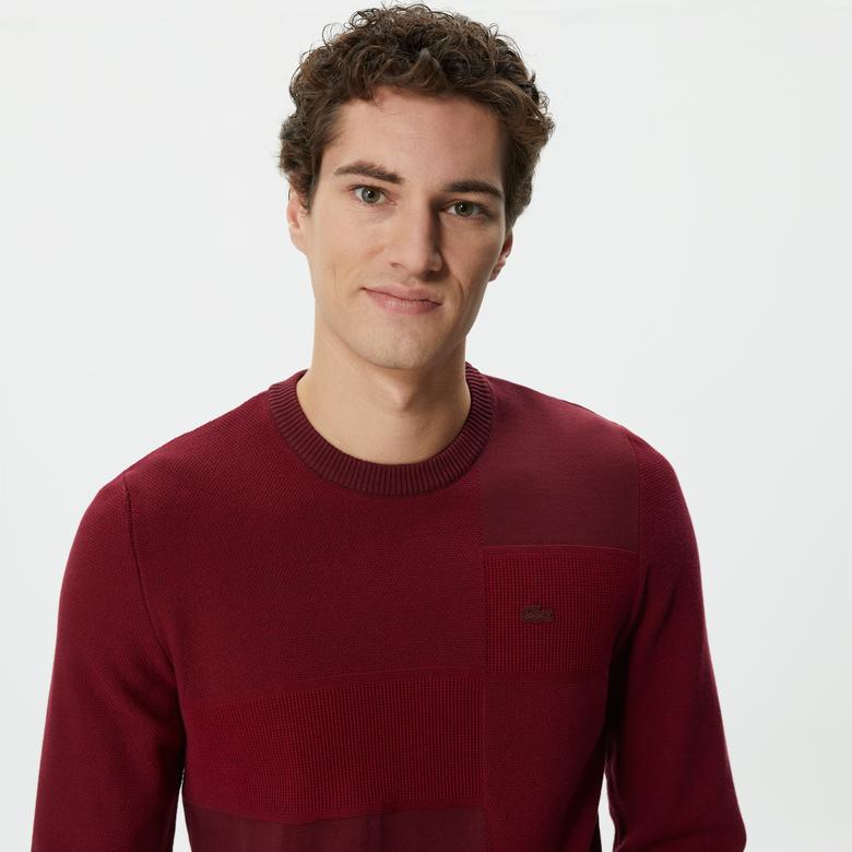 Lacoste Erkek Regular Fit Uzun Kollu Bisiklet Yaka Renk Bloklu Bordo Triko