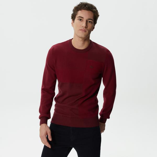 Lacoste Erkek Regular Fit Uzun Kollu Bisiklet Yaka Renk Bloklu Bordo Triko