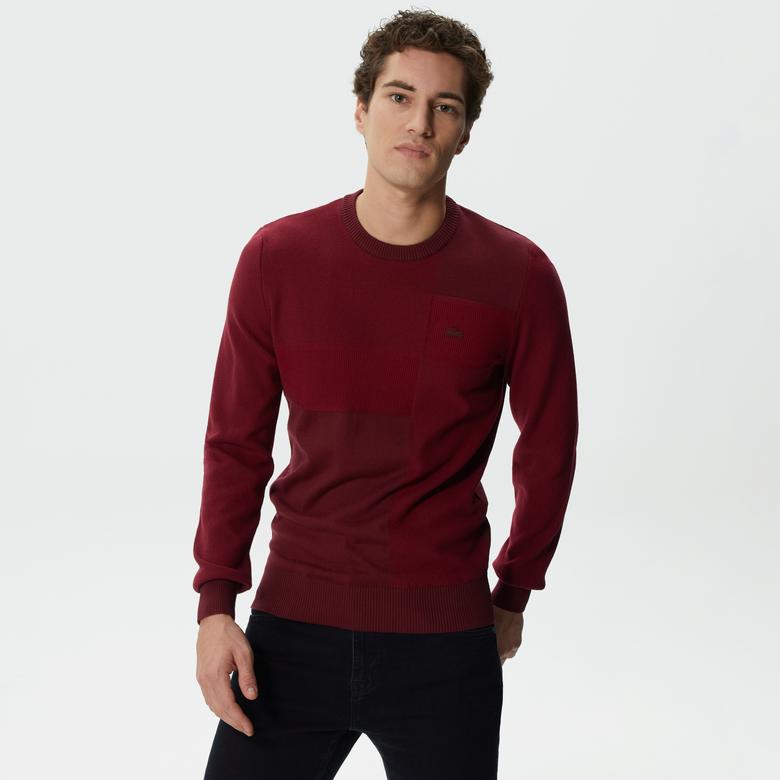 Lacoste Erkek Regular Fit Uzun Kollu Bisiklet Yaka Renk Bloklu Bordo Triko