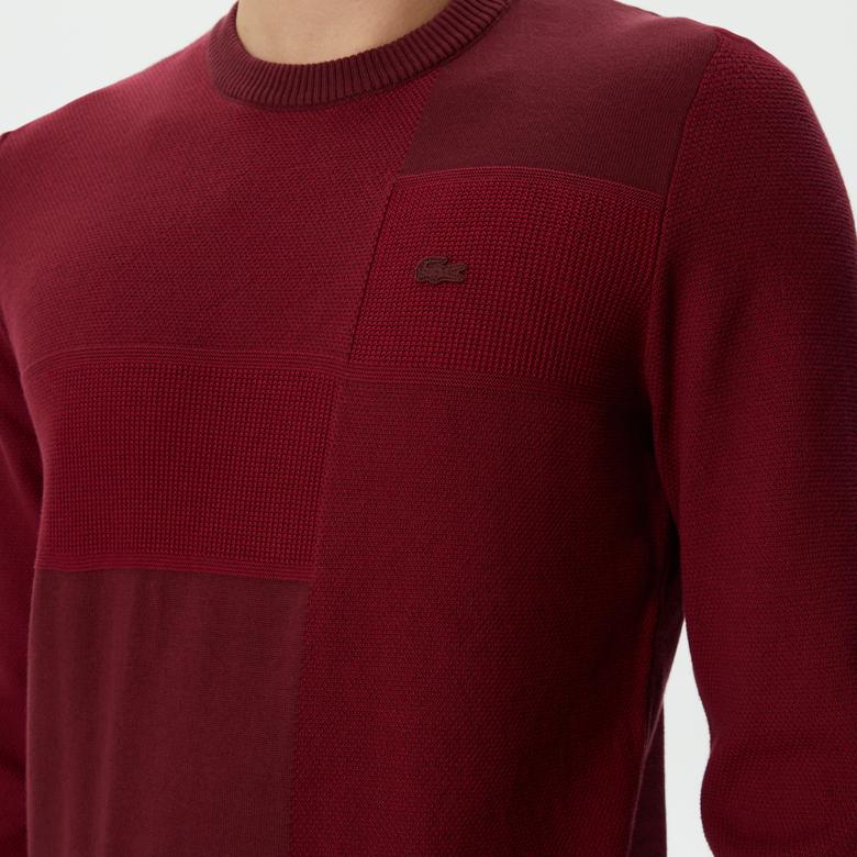 Lacoste Erkek Regular Fit Uzun Kollu Bisiklet Yaka Renk Bloklu Bordo Triko