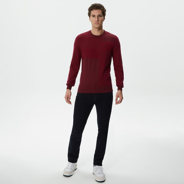 Lacoste Erkek Regular Fit Uzun Kollu Bisiklet Yaka Renk Bloklu Bordo Triko