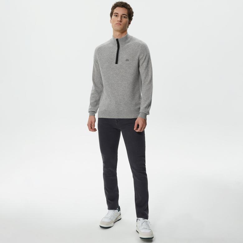 Lacoste Erkek Regular Fit Uzun Kollu Dik Yaka Renk Bloklu Gri Triko