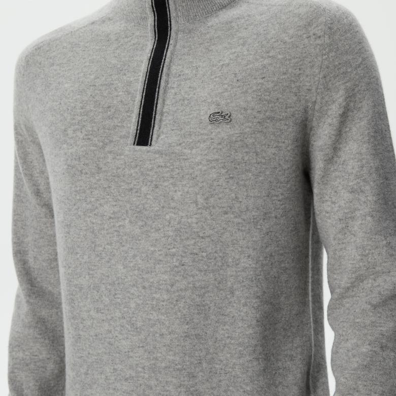 Lacoste Erkek Regular Fit Uzun Kollu Dik Yaka Renk Bloklu Gri Triko