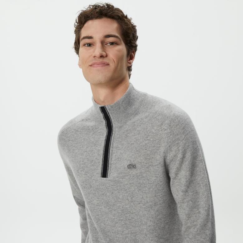 Lacoste Erkek Regular Fit Uzun Kollu Dik Yaka Renk Bloklu Gri Triko