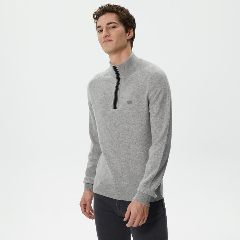Lacoste Erkek Regular Fit Uzun Kollu Dik Yaka Renk Bloklu Gri Triko