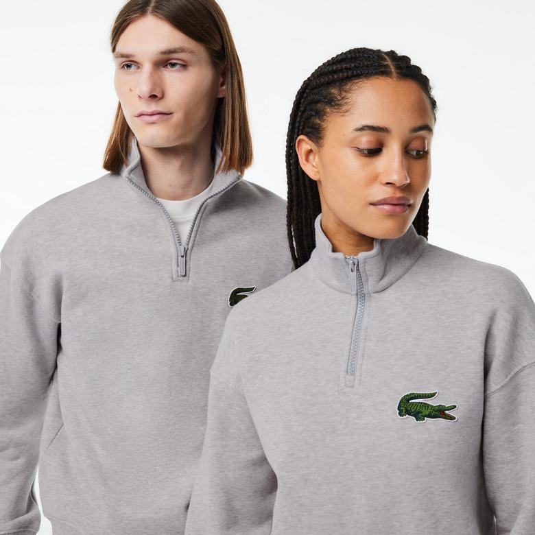 Lacoste Unisex Loose Fit Yarım Fermuarlı Gri Sweatshirt