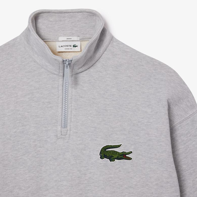 Lacoste Unisex Loose Fit Yarım Fermuarlı Gri Sweatshirt