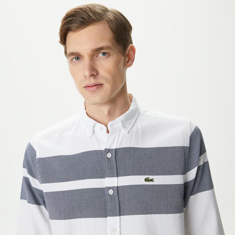 Lacoste Erkek Slim Fit Renk Bloklu Beyaz Gömlek