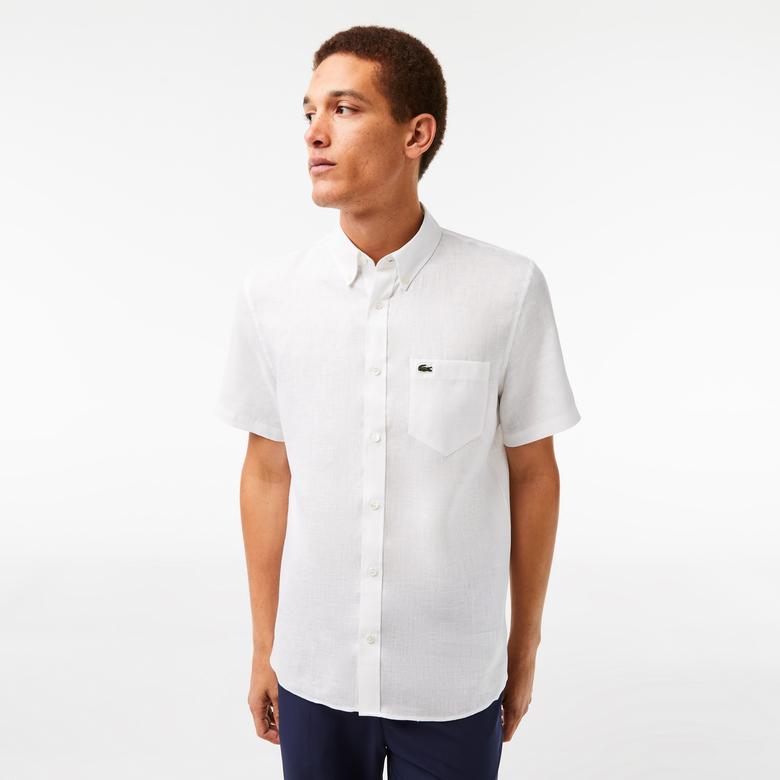 Lacoste Erkek Regular Fit Kısa Kollu Düğmeli Yaka Keten Beyaz Gömlek