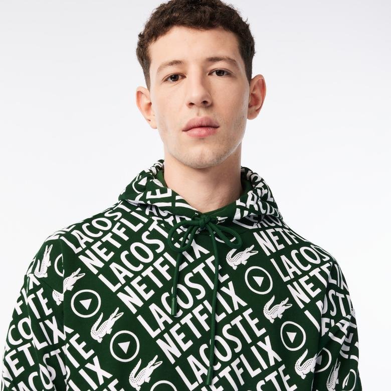 Lacoste x Netflix Erkek Loose Fit Kapüşonlu Baskılı Yeşil Sweatshirt