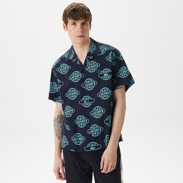 Lacoste Erkek Relaxed Fit Kısa Kollu Desenli Siyah Gömlek