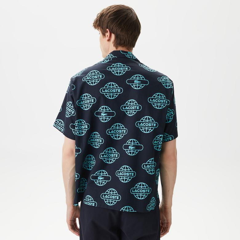 Lacoste Erkek Relaxed Fit Kısa Kollu Desenli Siyah Gömlek