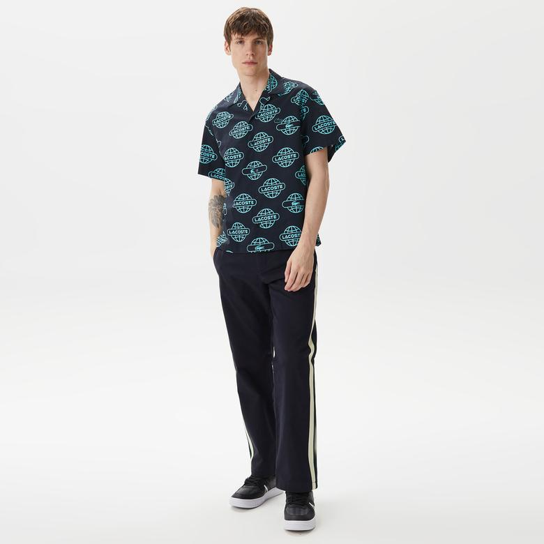 Lacoste Erkek Relaxed Fit Kısa Kollu Desenli Siyah Gömlek