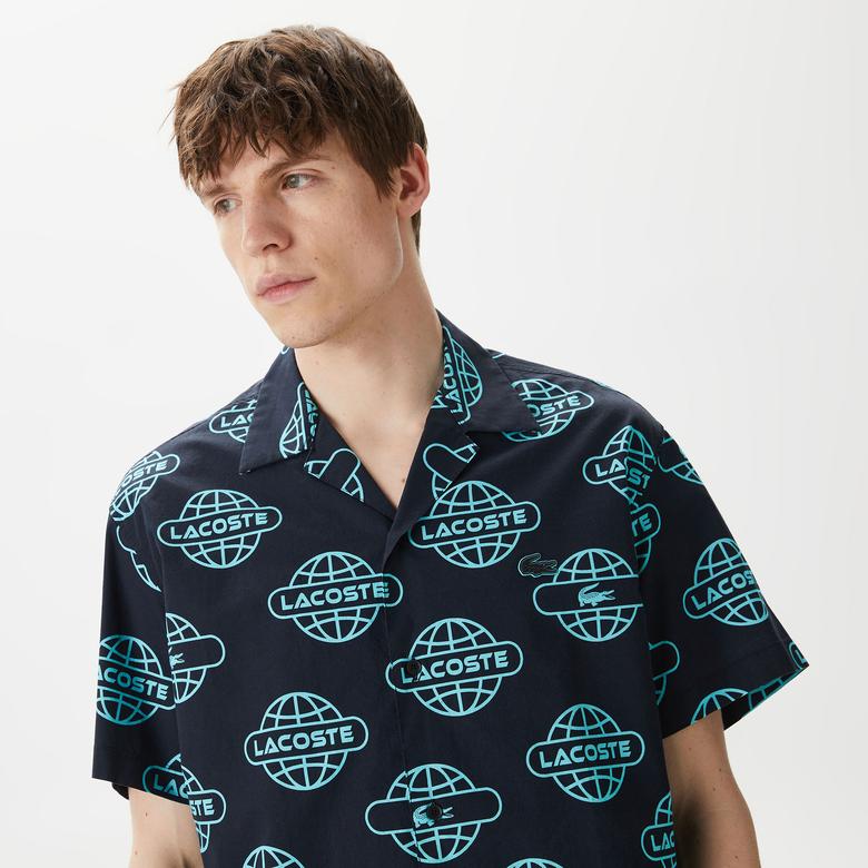 Lacoste Erkek Relaxed Fit Kısa Kollu Desenli Siyah Gömlek