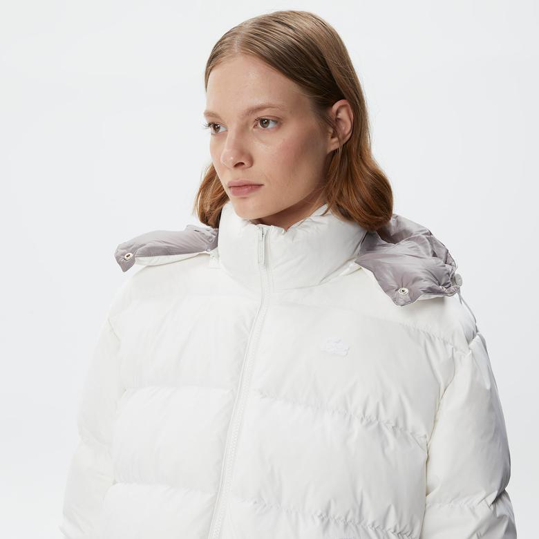 Lacoste Kadın Kapüşonlu Kapitone Beyaz Mont