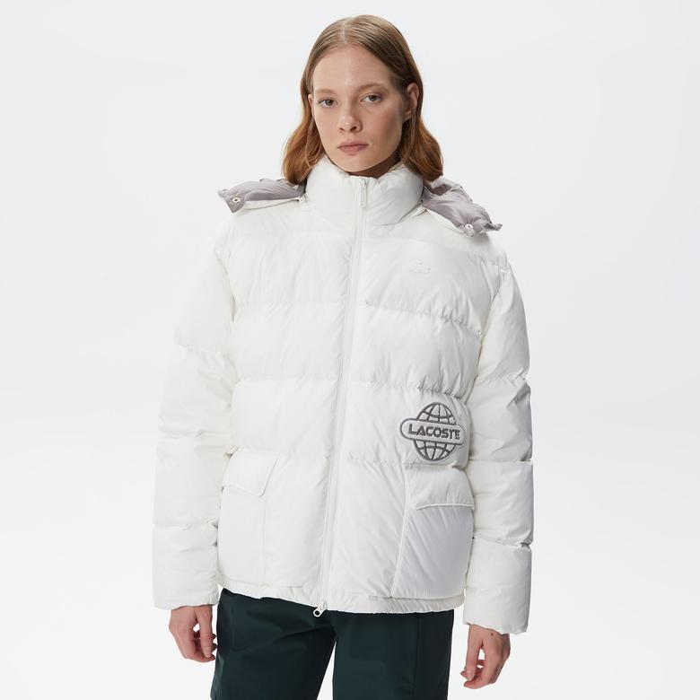 Lacoste Kadın Kapüşonlu Kapitone Beyaz Mont