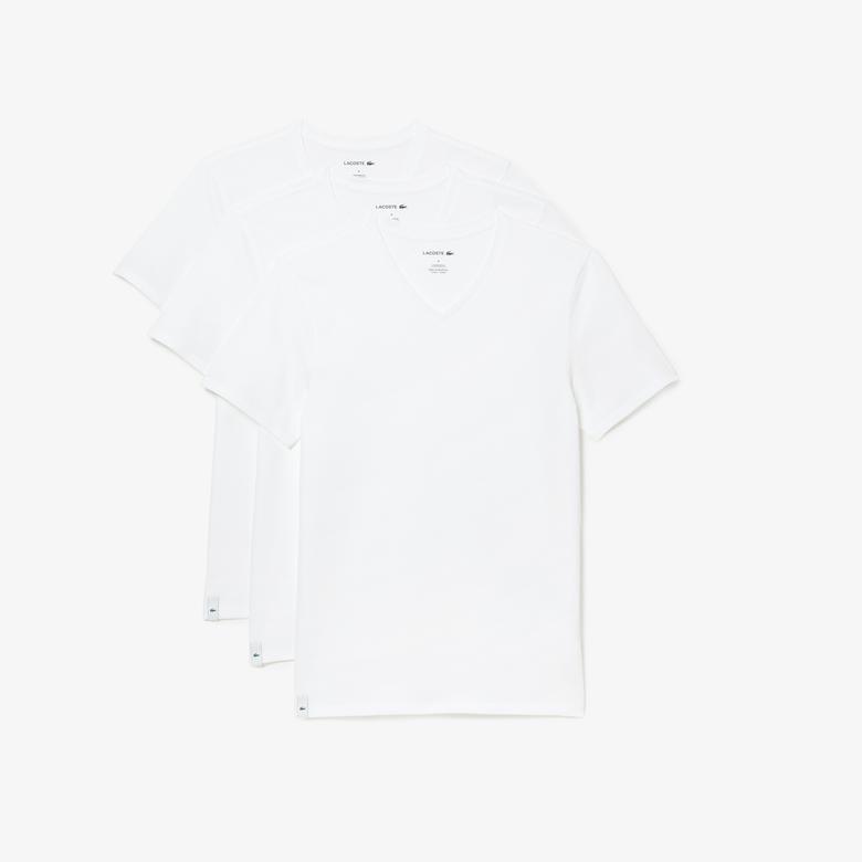 Lacoste Erkek Slim Fit V Yaka 3'lü Beyaz Atlet