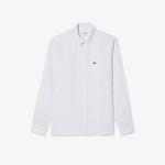 Lacoste Erkek Regular Fit Düğmeli Yaka Çizgili Keten Açık Mavi Gömlek