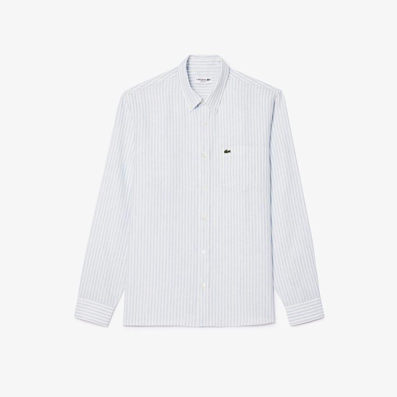 Lacoste Erkek Regular Fit Düğmeli Yaka Çizgili Keten Açık Mavi Gömlek