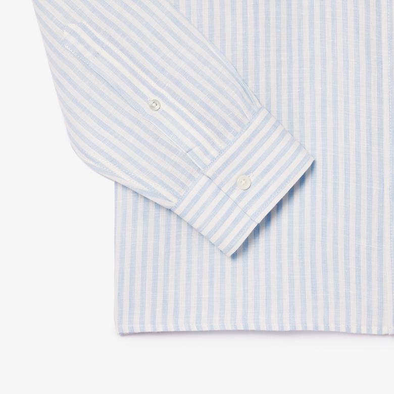 Lacoste Erkek Regular Fit Düğmeli Yaka Çizgili Keten Açık Mavi Gömlek