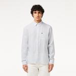 Lacoste Erkek Regular Fit Düğmeli Yaka Çizgili Keten Açık Mavi Gömlek