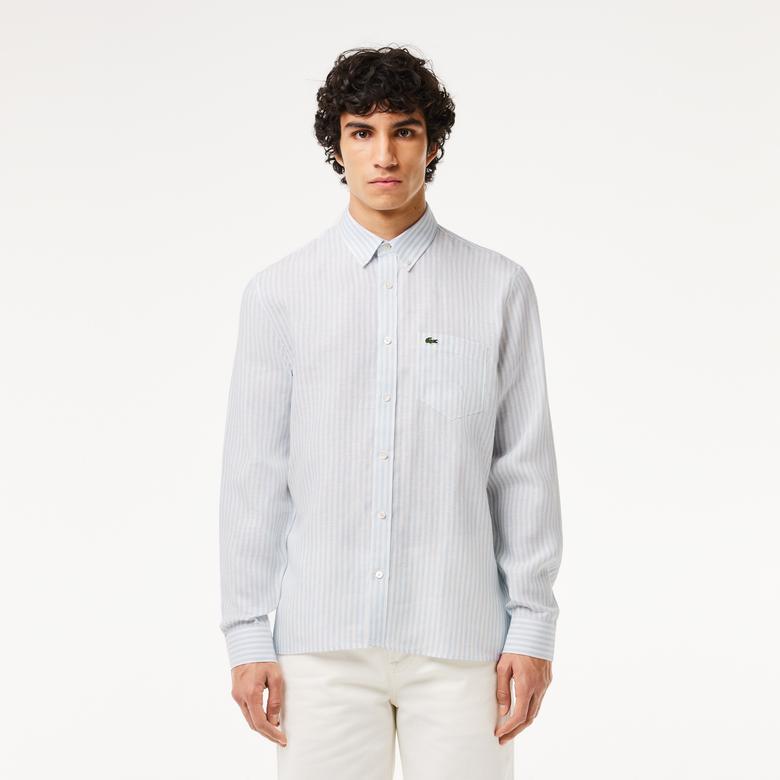 Lacoste Erkek Regular Fit Düğmeli Yaka Çizgili Keten Açık Mavi Gömlek