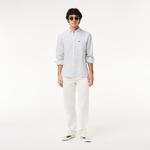 Lacoste Erkek Regular Fit Düğmeli Yaka Çizgili Keten Açık Mavi Gömlek