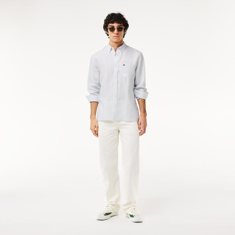 Lacoste Erkek Regular Fit Düğmeli Yaka Çizgili Keten Açık Mavi Gömlek