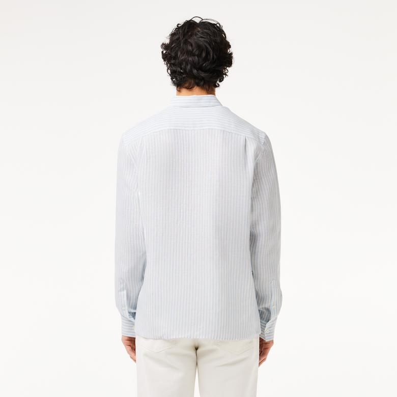 Lacoste Erkek Regular Fit Düğmeli Yaka Çizgili Keten Açık Mavi Gömlek
