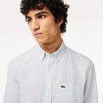 Lacoste Erkek Regular Fit Düğmeli Yaka Çizgili Keten Açık Mavi Gömlek