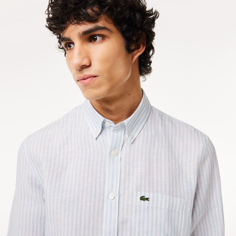 Lacoste Erkek Regular Fit Düğmeli Yaka Çizgili Keten Açık Mavi Gömlek