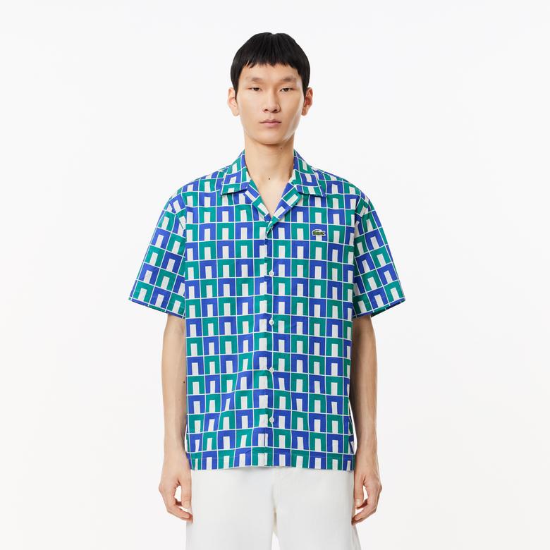 Lacoste Erkek Relaxed Fit Kısa Kollu Monogram Yeşil Gömlek