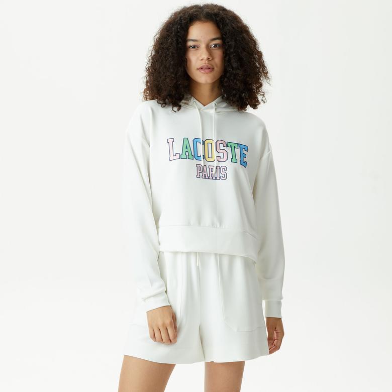 Lacoste Kadın Relaxed Fit Kapüşonlu Baskılı Beyaz Sweatshirt