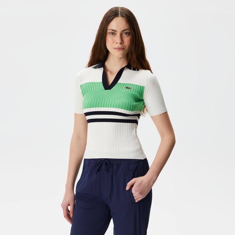 Lacoste Kadın Slim Fit V Yaka Renk Bloklu Beyaz Triko