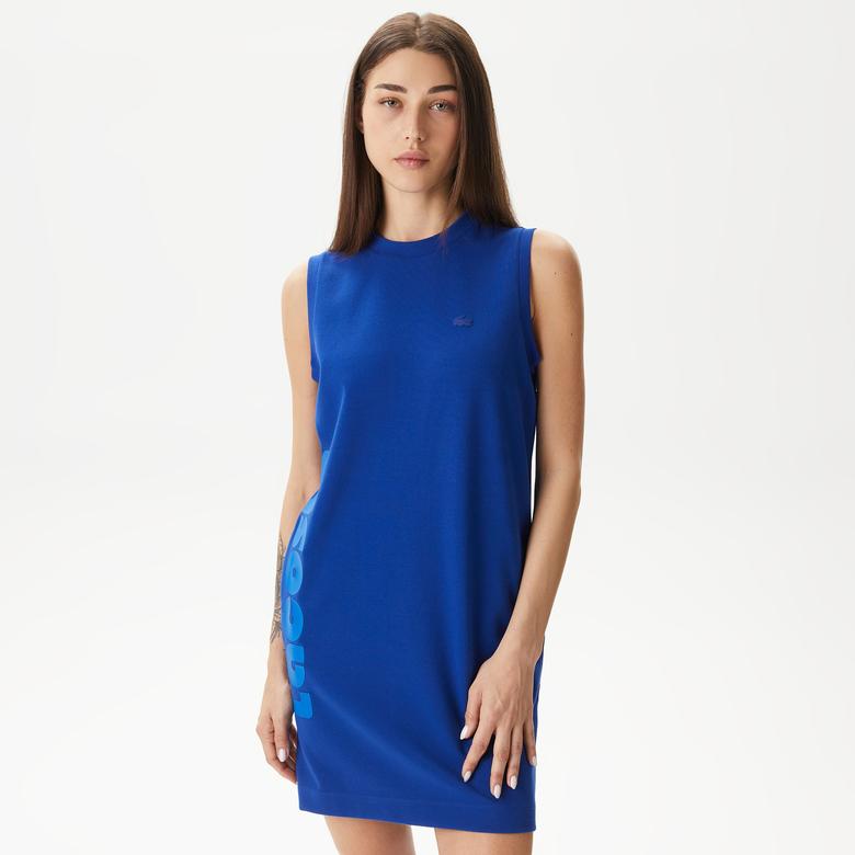 Lacoste Kadın Straight Fit Kolsuz Baskılı Mavi Elbise