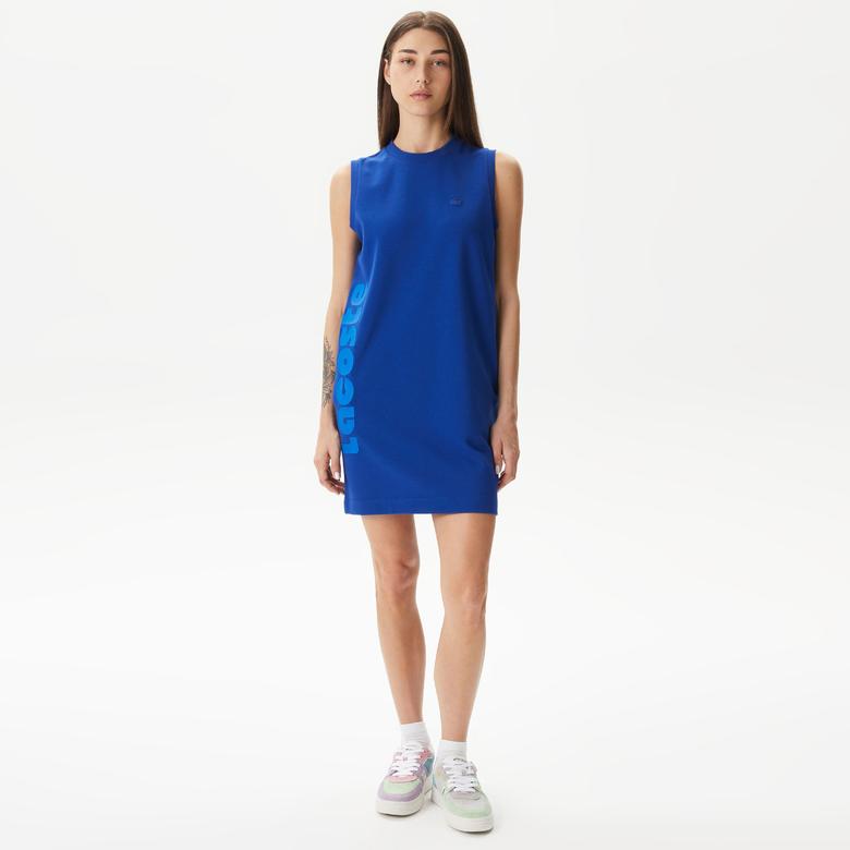 Lacoste Kadın Straight Fit Kolsuz Baskılı Mavi Elbise