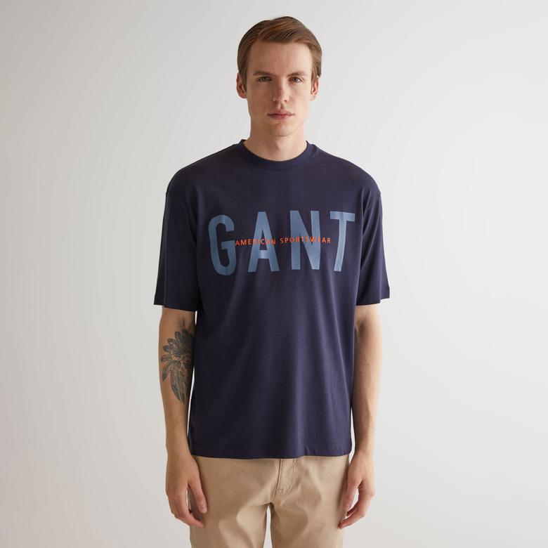GANT Erkek Lacivert Oversize Fit Bisiklet Yaka Logolu T-shirt